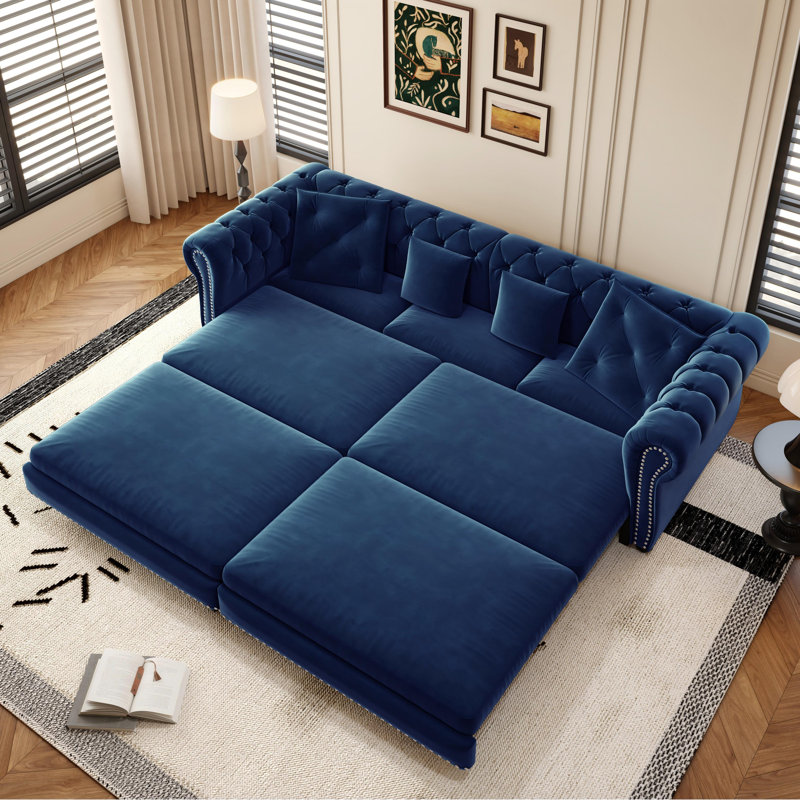 89" Velvet Chesterfield Sofa Bed, Pull-Out Sleeper Sofa, King-size Convertible Couch Bed for Living Room Apartment Office