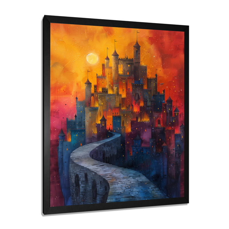 Décoration murale rouge château enchanté au coucher du soleil - châteaux, Toile encadrée noire simple