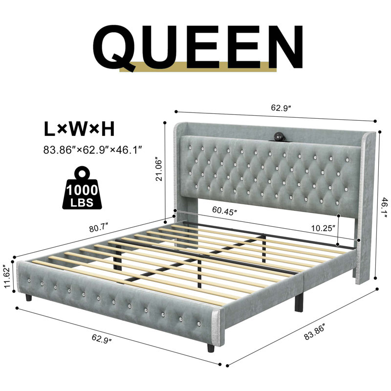 Wingback Upholstered Platform Bed Frame With Galaxy Projector, Diamond Button Headbaord, USB Charger, Music Speaker, Gray