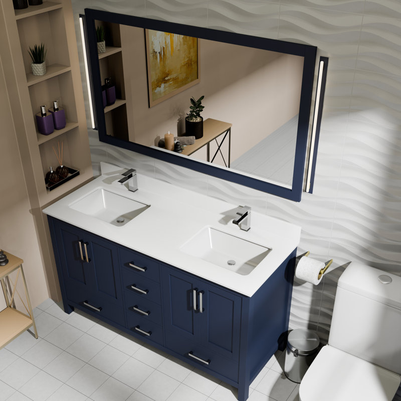 Ensemble de meuble-lavabo double L 60 po x P 22 po Jacques, Marine, Marbre de culture blanc