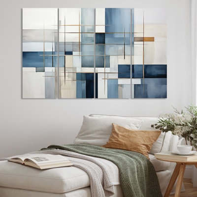 «Blue Gray Line Art Abstract Geometrics I», impression sur toile 4 pièces