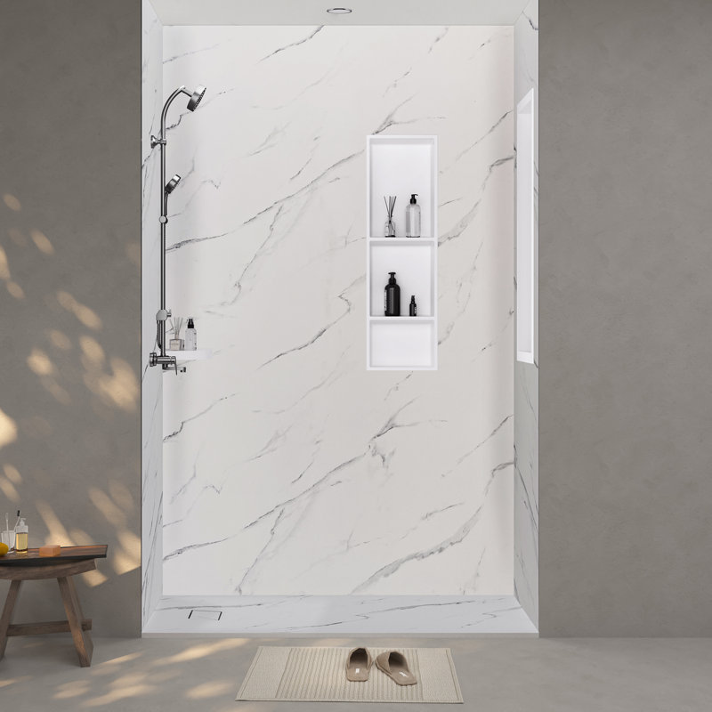 L 60 po x H 96 po x P 36 po, mur de douche en marbre texturé SMC, panneau découpable, amélioré de 0,2 po d'épaisseur, installation rapide
