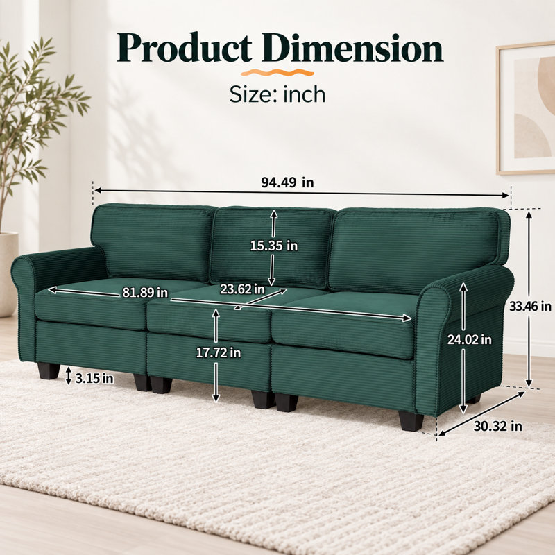 Canapé Varlune 240 cm en velours côtelé, canapé moderne 3 places avec assises profondes, coussins amovibles, accoudoirs épais, mousse à haute résilience et structure en bois massif