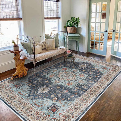 Tapis oriental lavable - Tapis pour le salon Tapis moelleux pour la chambre à coucher Imperméable à l'eau floral patiné intérieur résistant aux taches sans perte de poils (bleu / bleu sarcelle / orange)