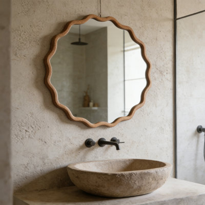 24 inch Wavy Round Solid Wood Frame Decorative Mirror, For Bedroom, Bathroom, Living Room, Entryway