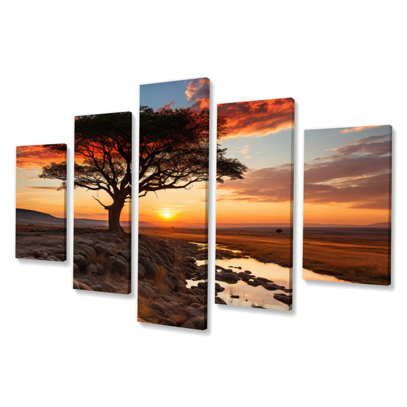 Coucher de soleil jaune, noir, réserve nationale du Masai Mara - Paysages, art mural, salon - 5 panneaux