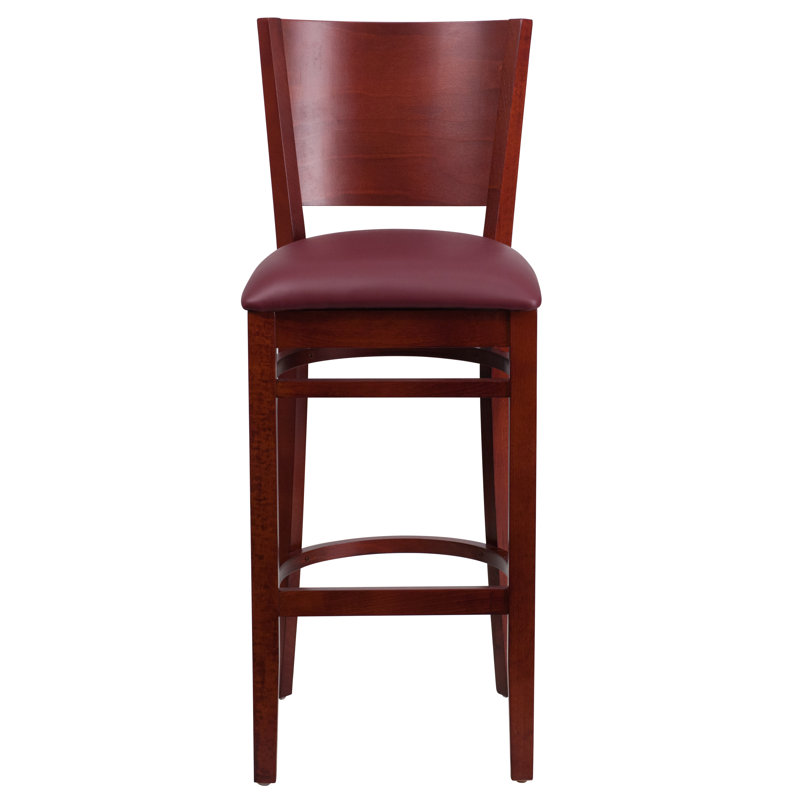 Claridge Solid Back Wooden Restaurant Barstool, Vinyl-Burgundy, Mahogany, 2
