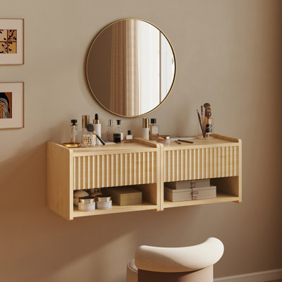 Floating Nightstand Set of 2 with Charging Station, Natural Nightstand for Bedroom, 15.9"D X 12.4"W X 11.8"H