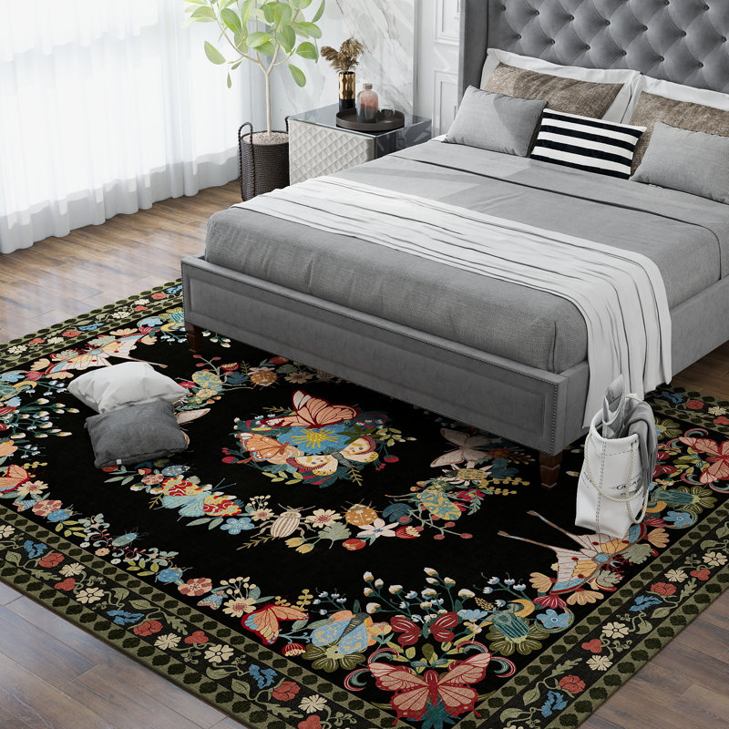 Tapis lavables 6 x 9 pi, tapis d'extérieur doux papillon noir, tapis à poils longs délavés d'inspiration rétro pour le salon, la salle à manger et la chambre à coucher