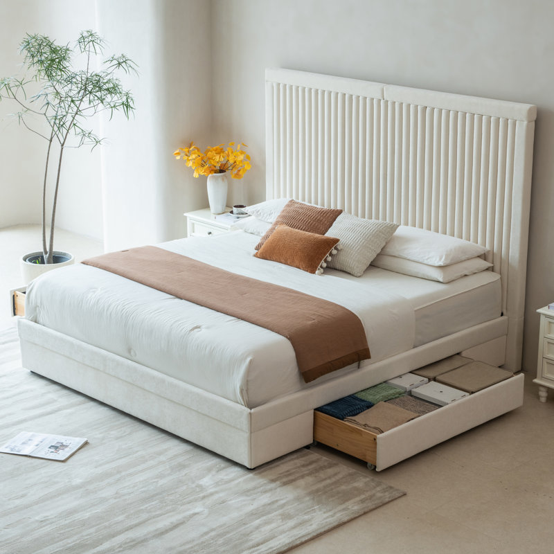 Lit plateforme capitonné avec tiroirs de rangement, haute tête de lit capitonnée, sommier non nécessaire, King, Cream