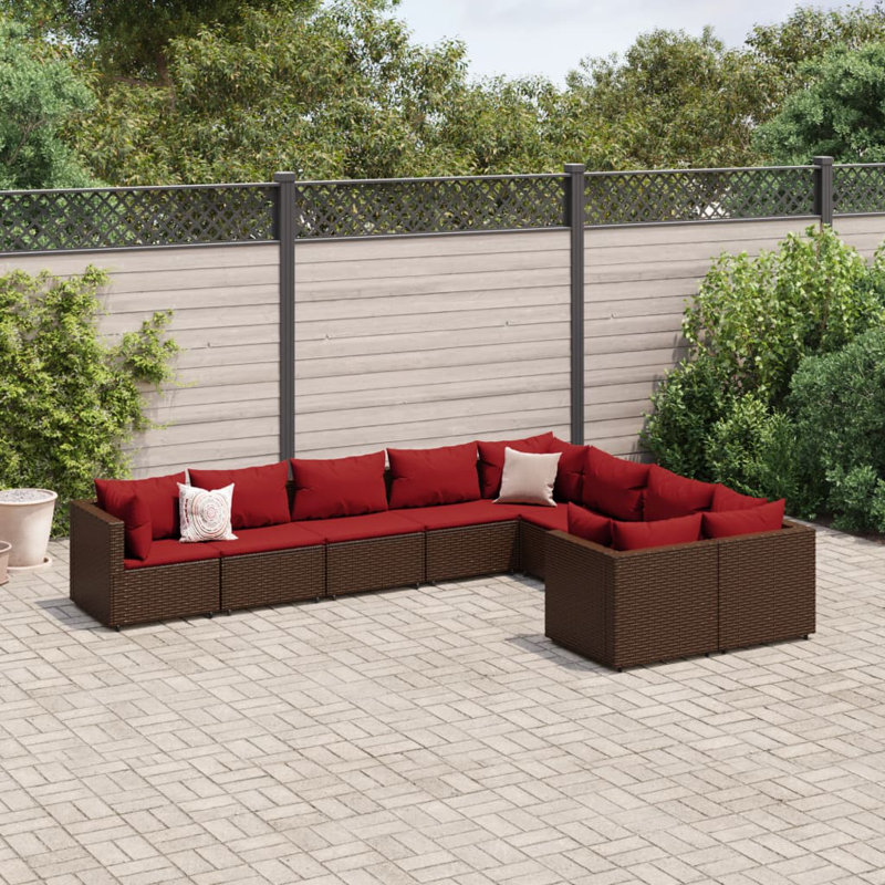  Ensemble de canapé de patio modulaire en rotin PE 9 pièces brun, Brun, Rouge cannelle