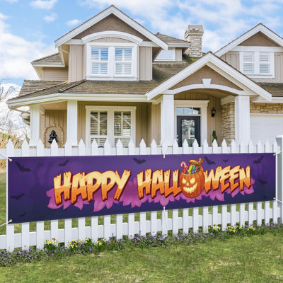 Happy Halloween Banner 120" X 20" Yard Signs Party Supplies Backdrop Pumpkins Bat Candy Welcome Hanging Flag Outdoor Indoor Home Room Front Door Fence Garage Balcony Garden Porch Gifts Holiday