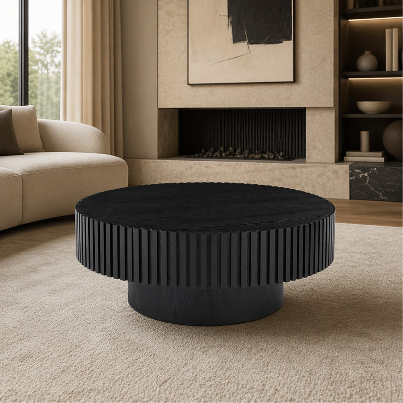 Table basse ronde 31,49 po en bois pour appartement, table basse à piédestal rond avec détails nervurés, table basse de salon moderne avec piédestal robuste