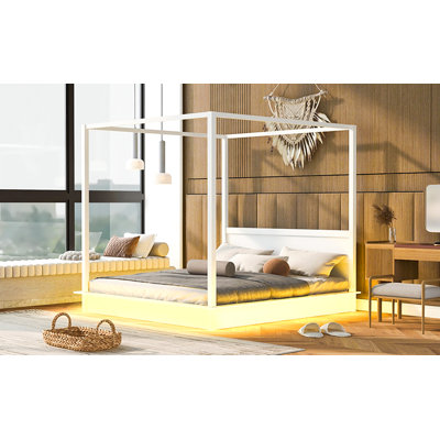 King Size Wood LED Canopy Bed ,Canopy Platform bed With Support Slats, No Box Spring Needed