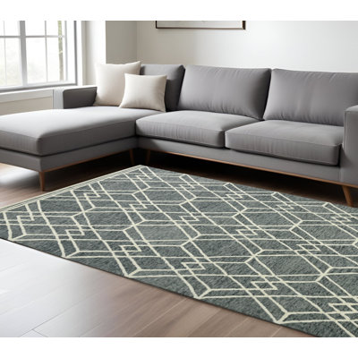 Tapis géométrique crocheté à la main 9 pi x 13 pi en laine gris et ivoire