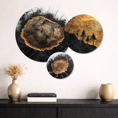 Mystery Of A Dark Onyx Wood Slice I - Trees, art mural en métal 3 pièces