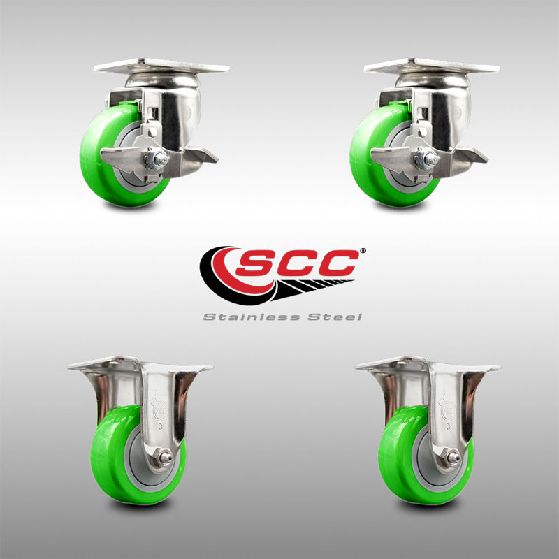 Ensemble de 3 roulettes 3,5 pouces en polyuréthane pivotant 3,5 pouces 2 freins 2 rigides, Vert