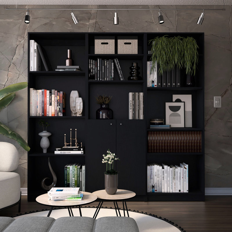 Salon 3 pièces avec bibliothèques noires - rangement fonctionnel et moderne avec 3 portes polyvalentes pour l'organisation de la vie privée