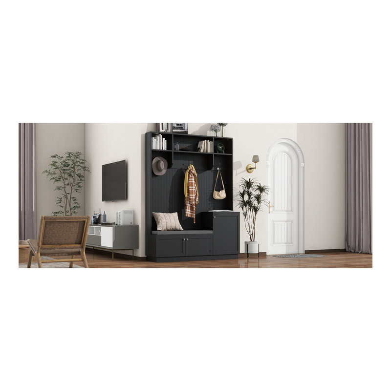 Portemanteau élégant avec solutions de confort et de rangement, armoire à chaussures fonctionnelle avec banc et coussin, portemanteau moderne avec crochets pour les entrées, noir