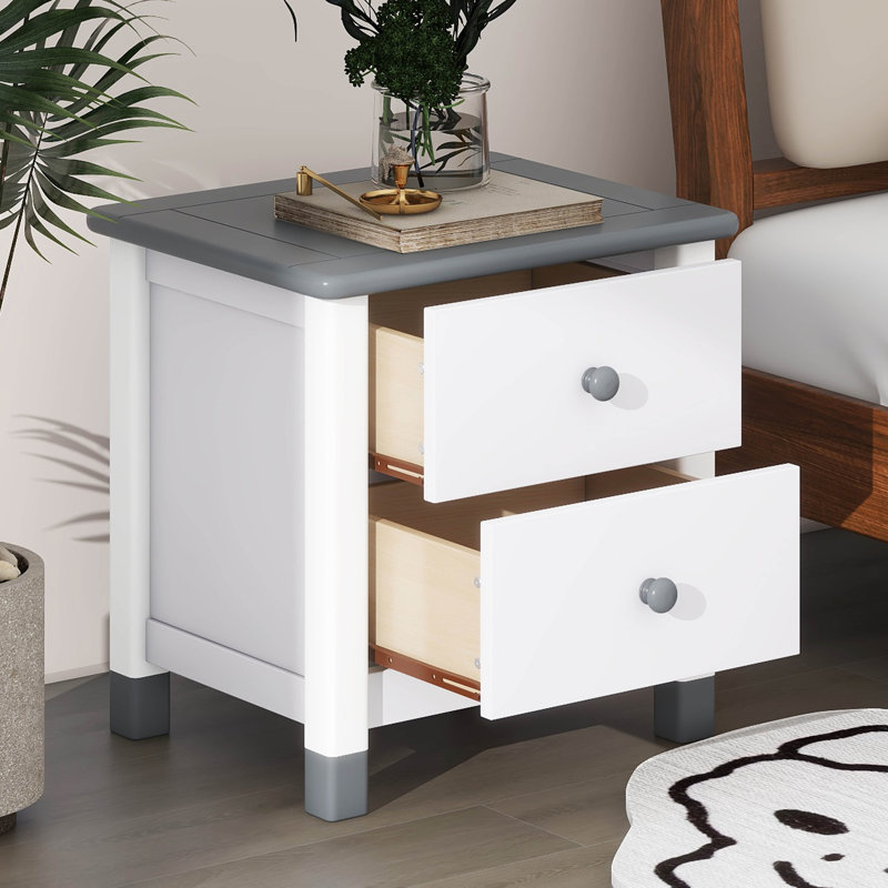 Table de chevet 2 tiroirs, Blanc / Gris