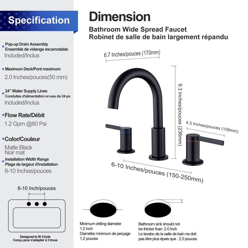 N5401LSJ Widespread 2-handle Bathroom Faucet with Drain Assembly, Matte Black
