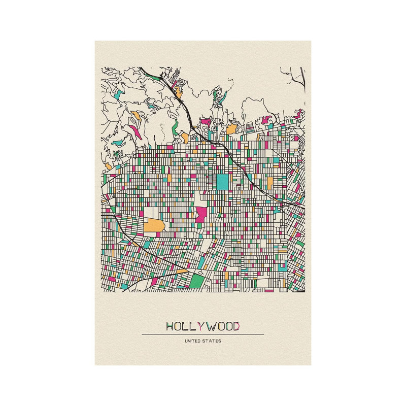 «Hollywood, Los Angeles Map» par Ayse Deniz Akerman - impression sur toile tendue, H 12 po x l 8 po x P 0,75 po