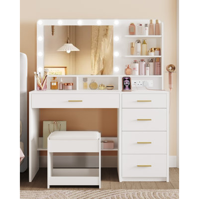 Dressing Table with 3-Colour LED Adjustable Brightness, Vanity Table with Plug and Large Mirror, Stool and Hairdryer Holder, Muti-Drawer Dressing Table, 6 Open Storage Areas,