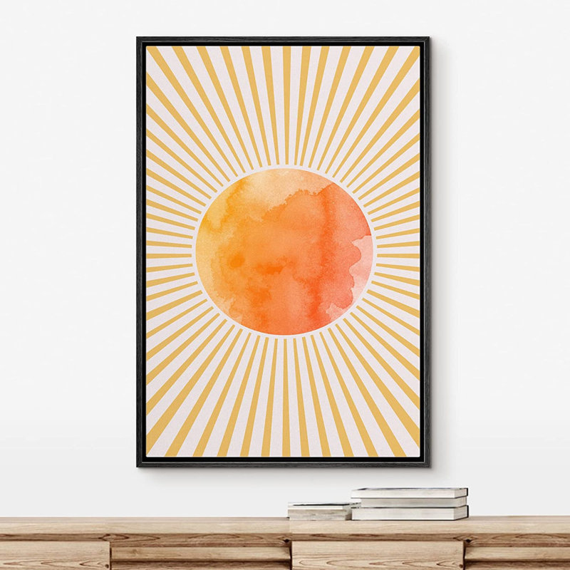 IDÉE4WALL, reproduction d'art sur toile encadrée, aquarelle, orange pastel, rayons de soleil brillants, nature, illustrations abstraites, art rustique, paysage multicolore, pour le salon, la chambre à coucher, le bureau