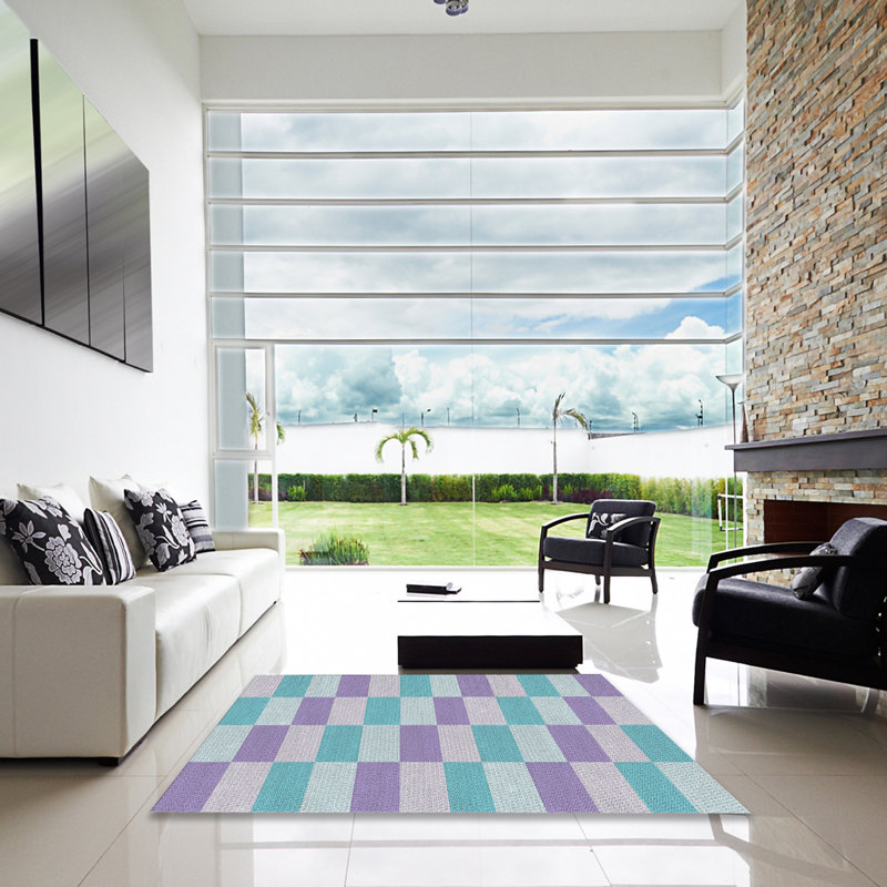 Tapis bleu aqua/mauve à motifs, Carré 5 pi