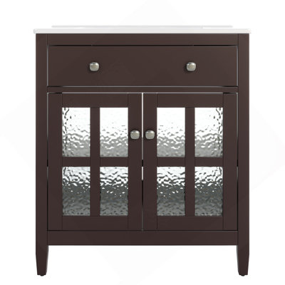 Meuble-lavabo avec lavabo en céramique, tablette réglable, plateau basculant, pieds en bois massif, boutons argentés et charnières à fermeture en douceur pour des salles de bain fonctionnelles et élégantes