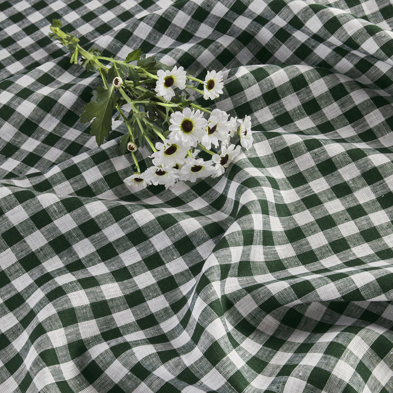 Gingham Check - 100% Pure Linen Table Throw, Green, Gingham