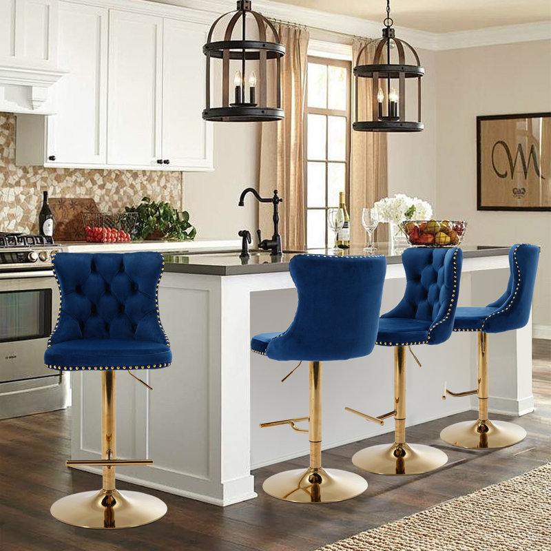 360°Swivel Adjustable Counter Height Bar Stools, Gold, Blue, 4