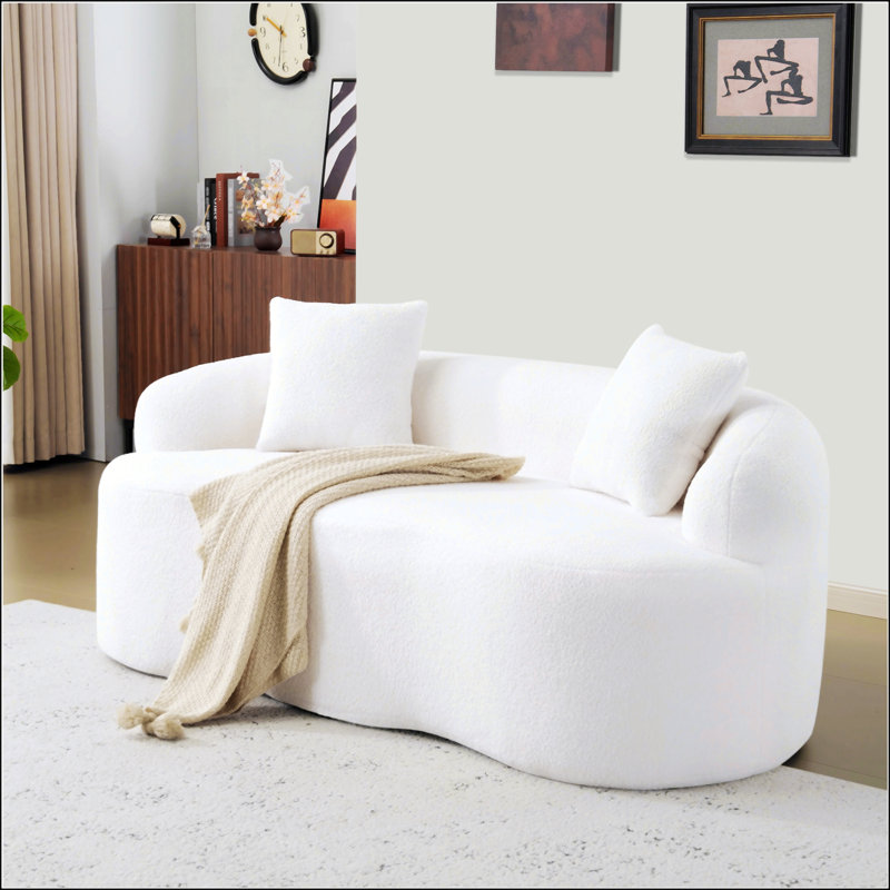 Canapé courbé blanc avec accoudoirs ronds et 2 coussins, pour les petits espaces et sans assemblage requis, Blanc