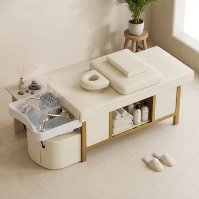 Lit de shampooing et de massage beige 2 en 1 avec équipement de spa en cascade - bol de shampooing renforcé et tablette de rangement, utilisation dans un salon ou à la maison