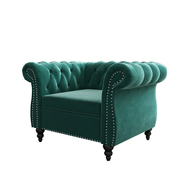 Green Velvet Chesterfield Accent Chair with Nailhead Trim