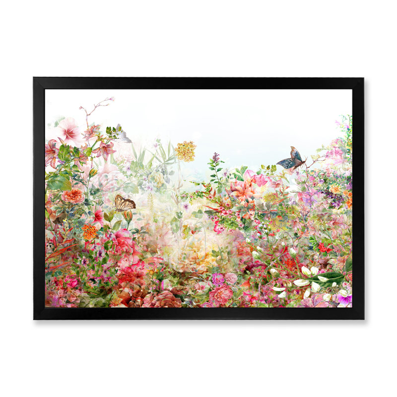 Rétro fleurs multicolores printanières VI - reproduction encadrée sur toile, H 16 po x l 32 po x P 1 po, Cadre noir