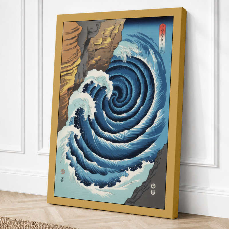 Great Wave at Twilight Japandi - Wrapped Canvas, 36x24 - 91.4 x 61.0 cm, Ochre Border