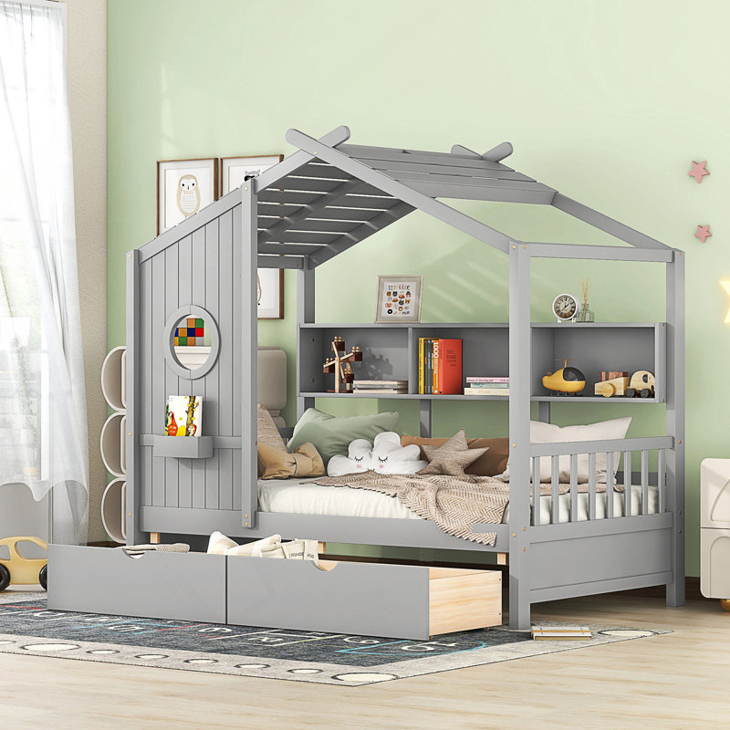 Lit en bois avec 2 tiroirs, Gris, Lit simple