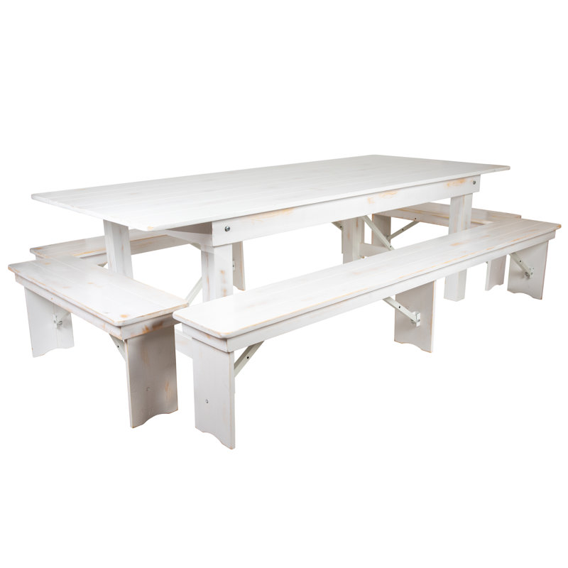 Donashia Antique Rustic White Folding Farm Table, 5 Pieces: Table, 4 Chairs, 29.75" H x 96" W x 40" D