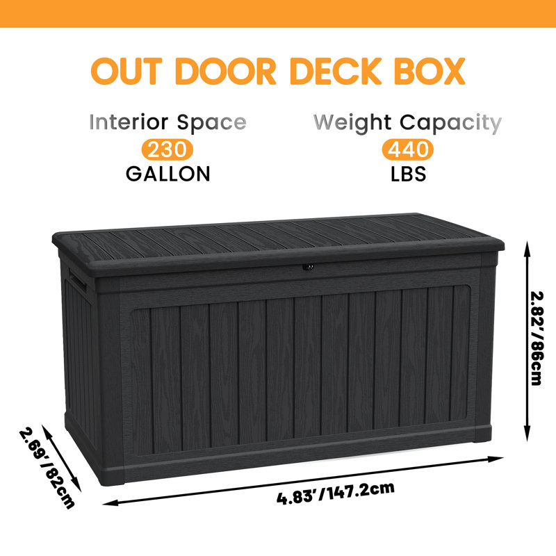 Large Outdoor Storage XXL Deck Box For Patio Furniture, Outdoor Cushions, Garden Tools And Sports/Pools Equipment, Waterproof Resin, Lockable, Black