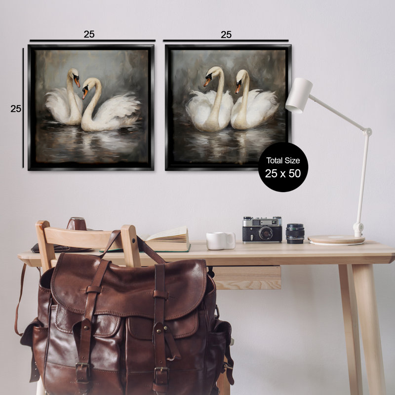 «Twin Swans with Reflections», ensemble de 2 toiles flottantes encadrées par Novae, H 25 po x l 25 po