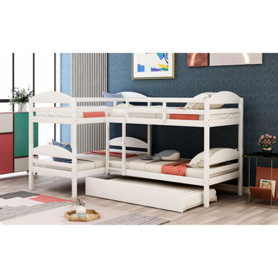 Twin L-shaped Bunk Bed With Trundle - White. Solid Wood Build. Versatile For Family Entertainment. 6+ Years Old Appropriate. No Spring Box. 300lbs Max Load White Trundle. Strong Structure. Extra