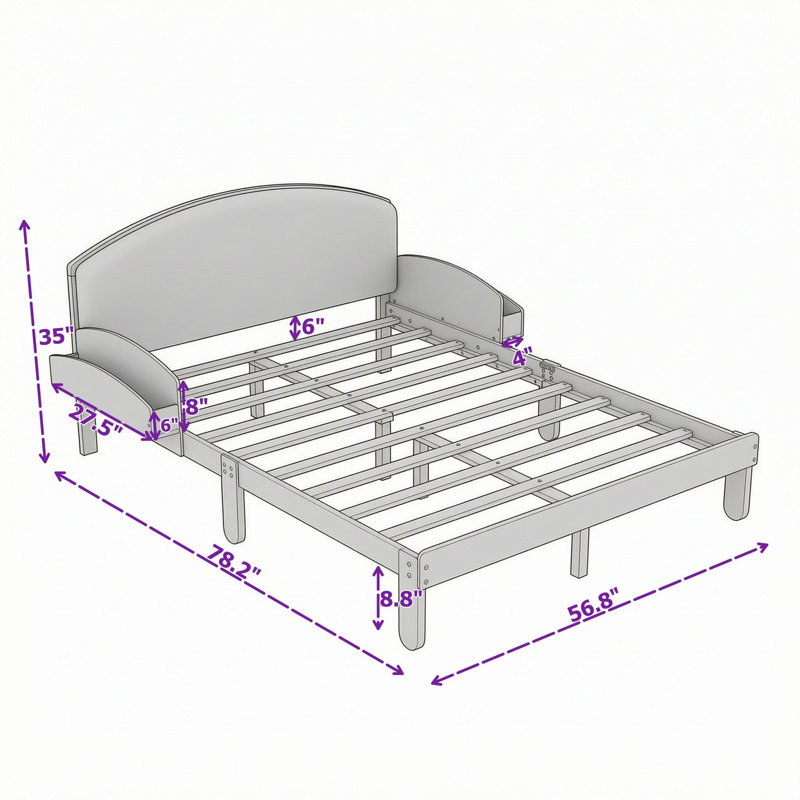 Lit plateforme en bois avec tête de lit tapissier courbée et tablettes de rangement latérales, Lit double, Naturel