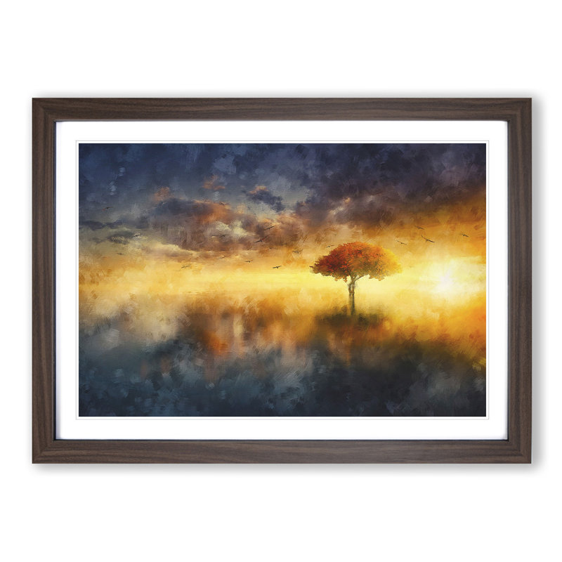 Flying Birds over a Lone Tree - Picture Frame Graphic Art Print, 24cm H x 33cm W x 2cm D, Walnut Framed