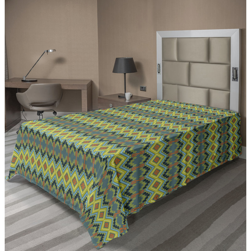 Drap plat moderne de style bohème Ambesonne, Drap plat pour lit simple TG, Jaune / vert / motif géométrique vermillon