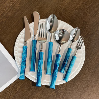 20-Piece Bamboo Handle Flatware Set, 304 Stainless Steel Cutlery With Steak Knife, Salad Fork And Dessert Spoon For Restaurant And Home Dining