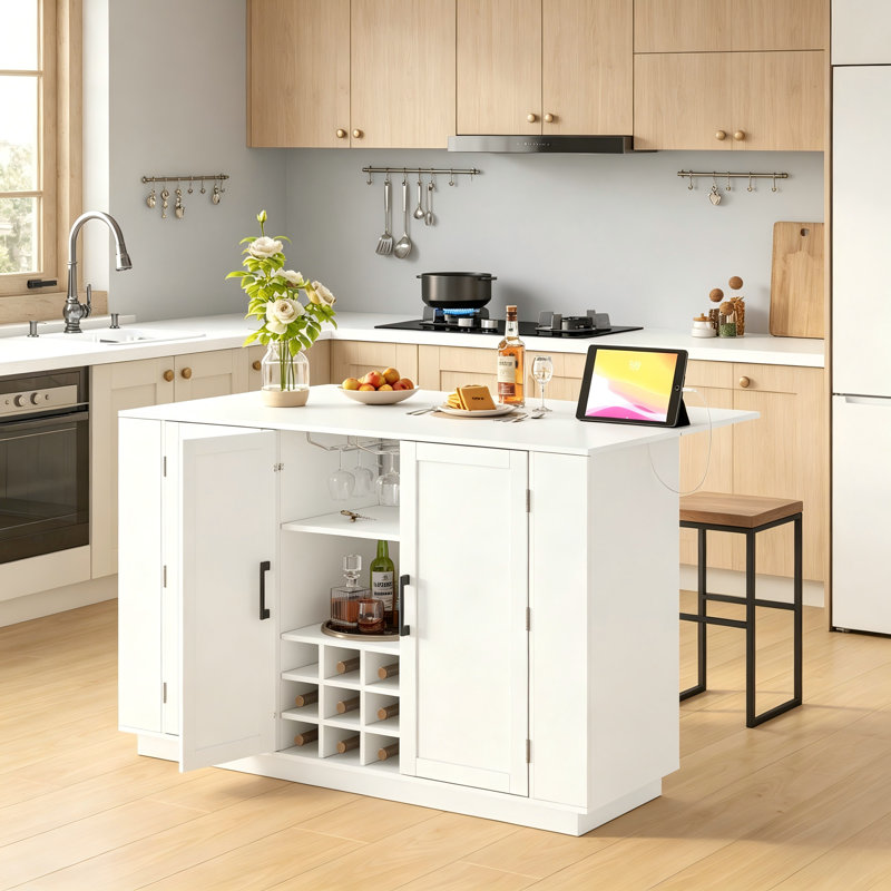 U-Shaped Multi-Functional Sideboard Storage Cabinet, With Built-In Power Outlet And Wine Rack/Glass Holder, But No Chair.