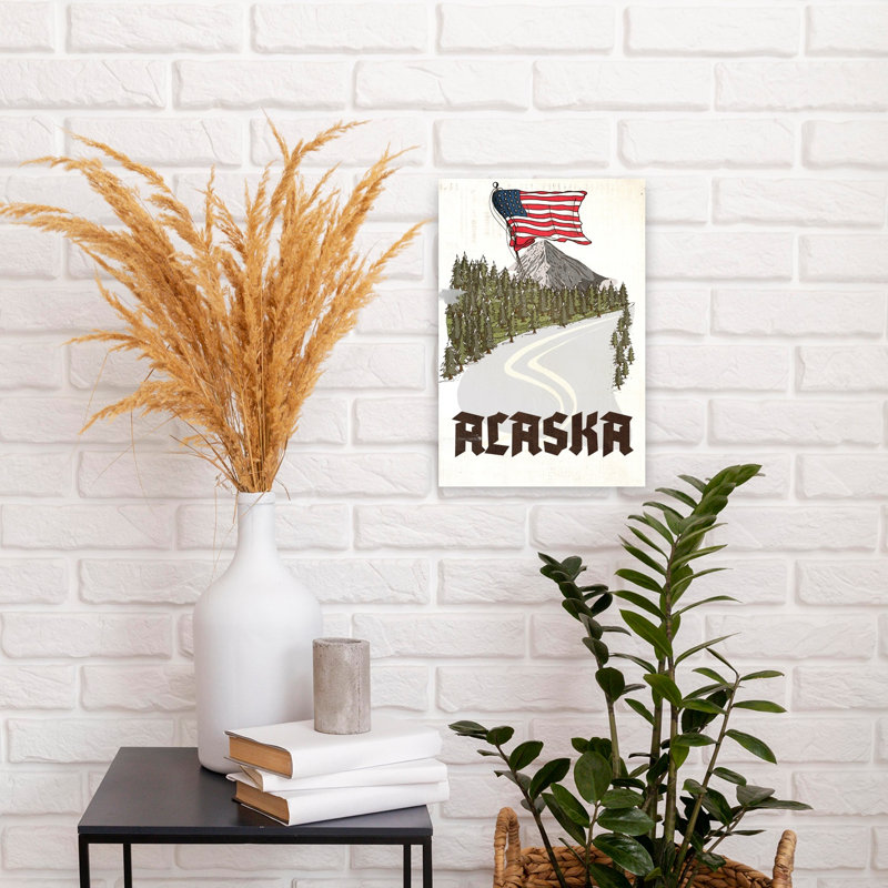 Alaskan Mountain Road Flag Rustic Abstract Contemporary Evergreen Tree Pine Tree Forest Landscape Wall Art Print 1 Piece Wrapped Canvas Wall Art