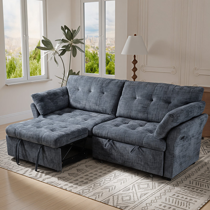 90"Wide 3 in 1 Sofa Bed with Adjustable Backrest, 3 Seater Recliner and USB Charging for Living Room,Blue, Blue