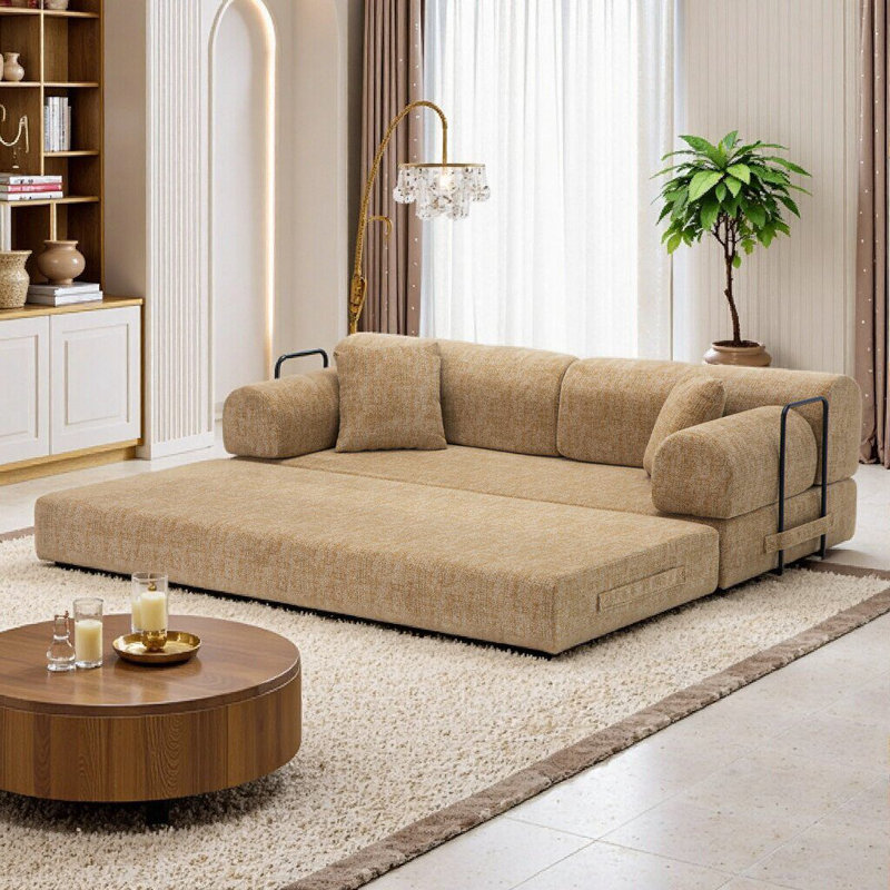 Canapé-lit convertible 4-en-1 avec matelas pliant et cadre fixe multifonctionnel, Ocre